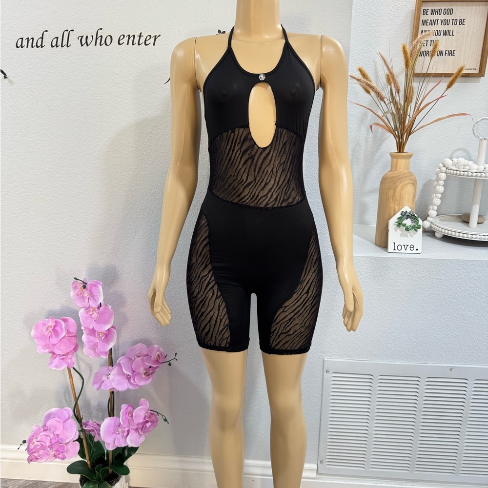 Black Sheer Halter Romper Size S Small Open Bust Mid Thigh Animal Print Sexy